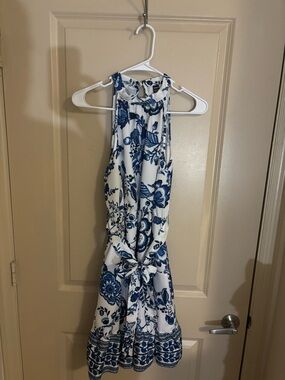 Blue & White Floral Tie-Waist Dress